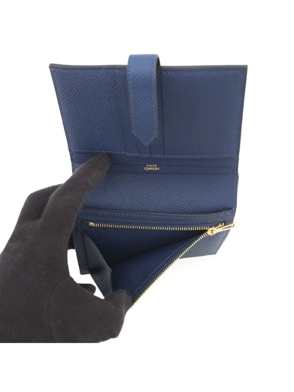 Hermes Bifold Wallet Bearn Compact Blue Navy Gold Epsom